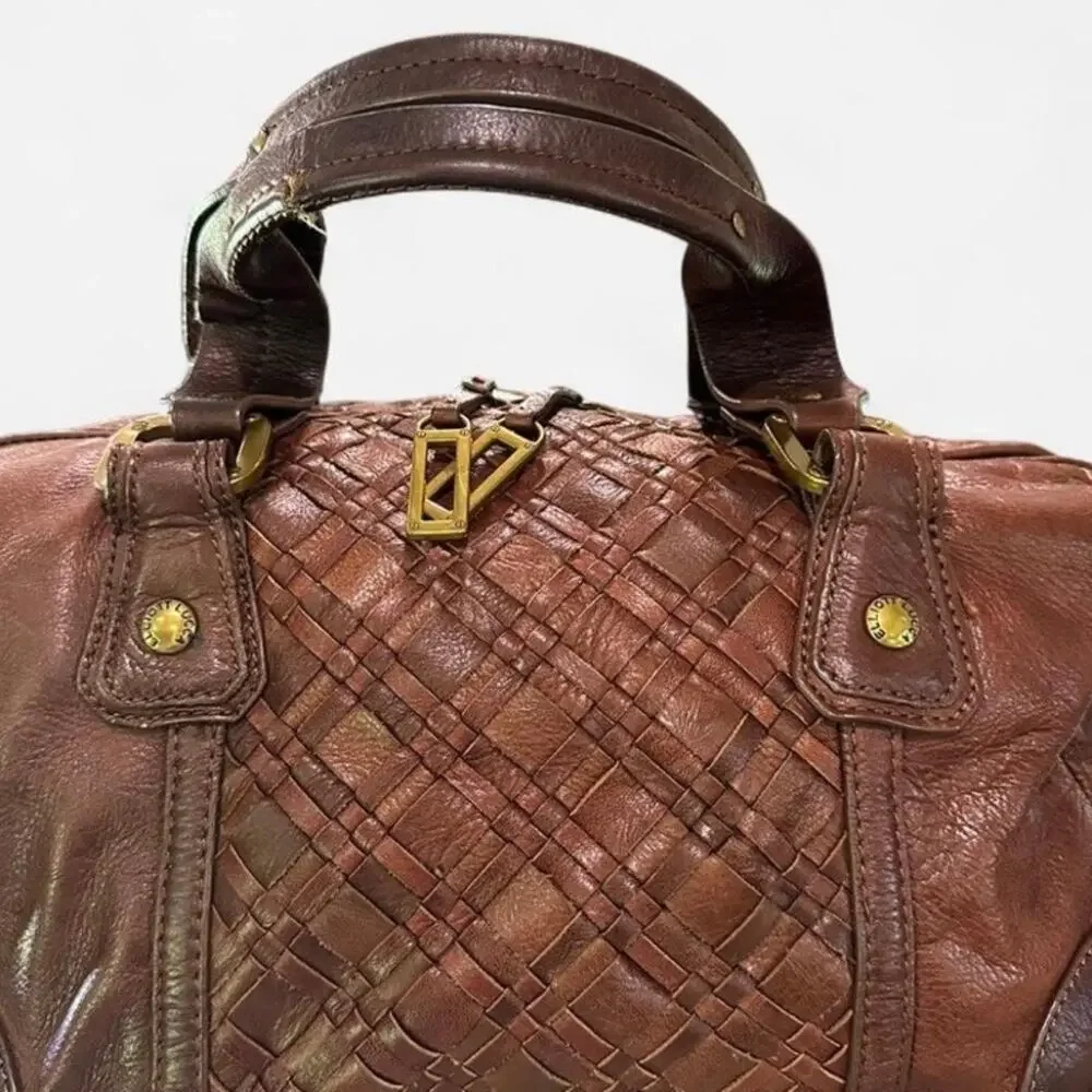 Elliot Lucca Brown Leather Satchel Y2K Woven Detail Top Handle Bag